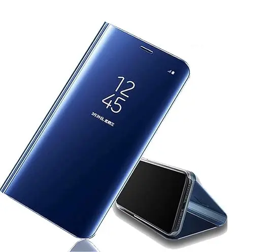 Blue Samsung J3 Clear View Electroplate Mirror Protective Leather Flip Cover with Glass - Premium