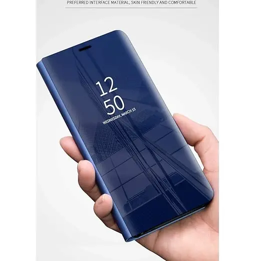 Blue Samsung J3 Clear View Electroplate Mirror Protective Leather Flip Cover with Glass - Premium